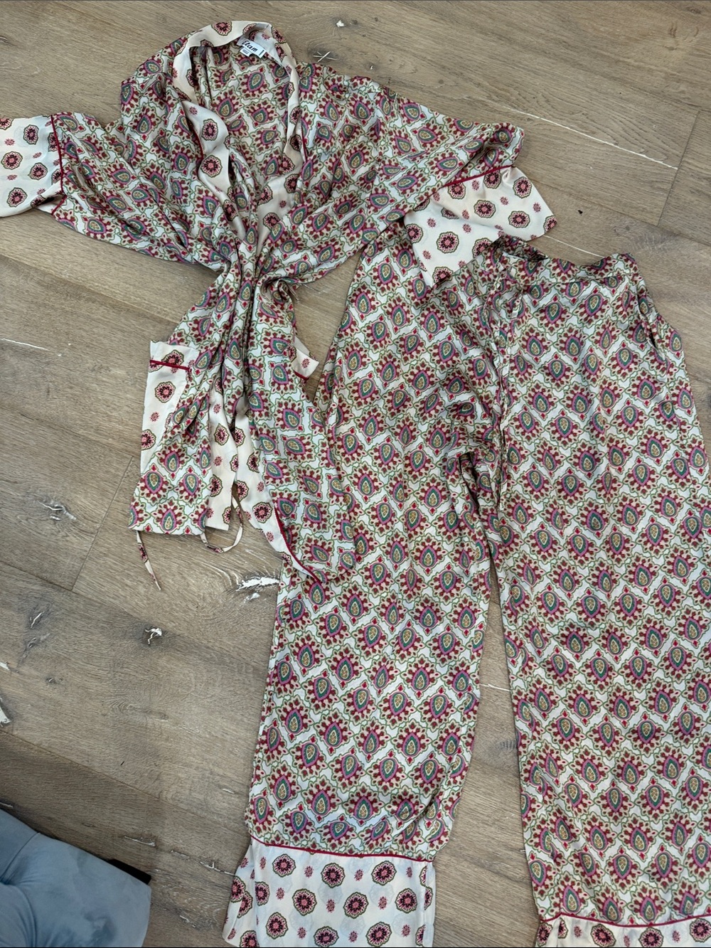 Boho Print Etam Satin Pajama Set - Cream with Pink & Green